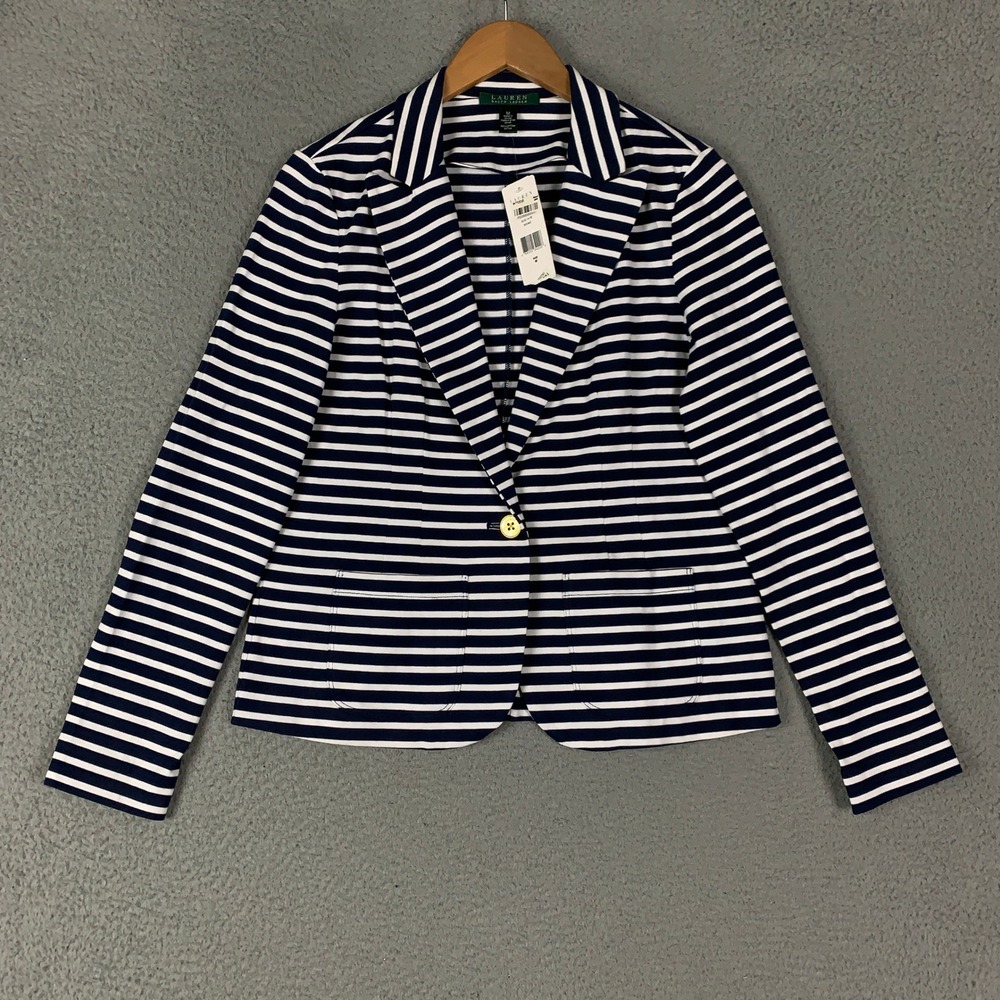 Lauren Ralph Lauren Striped Knit Blazer Womens Medium Navy White Coastal Preppy - Picture 3 of 14